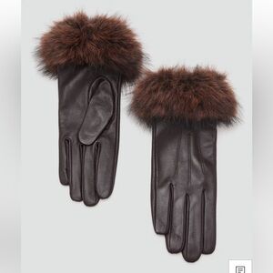 NWT Mango Brown Leather Gloves with Fur Trim